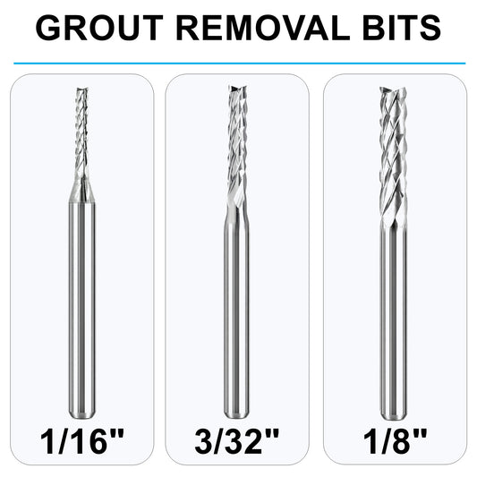 Solid carbide grout removal bits in 1/16, 3/32 and 1/8 inch sizes for rotary tools