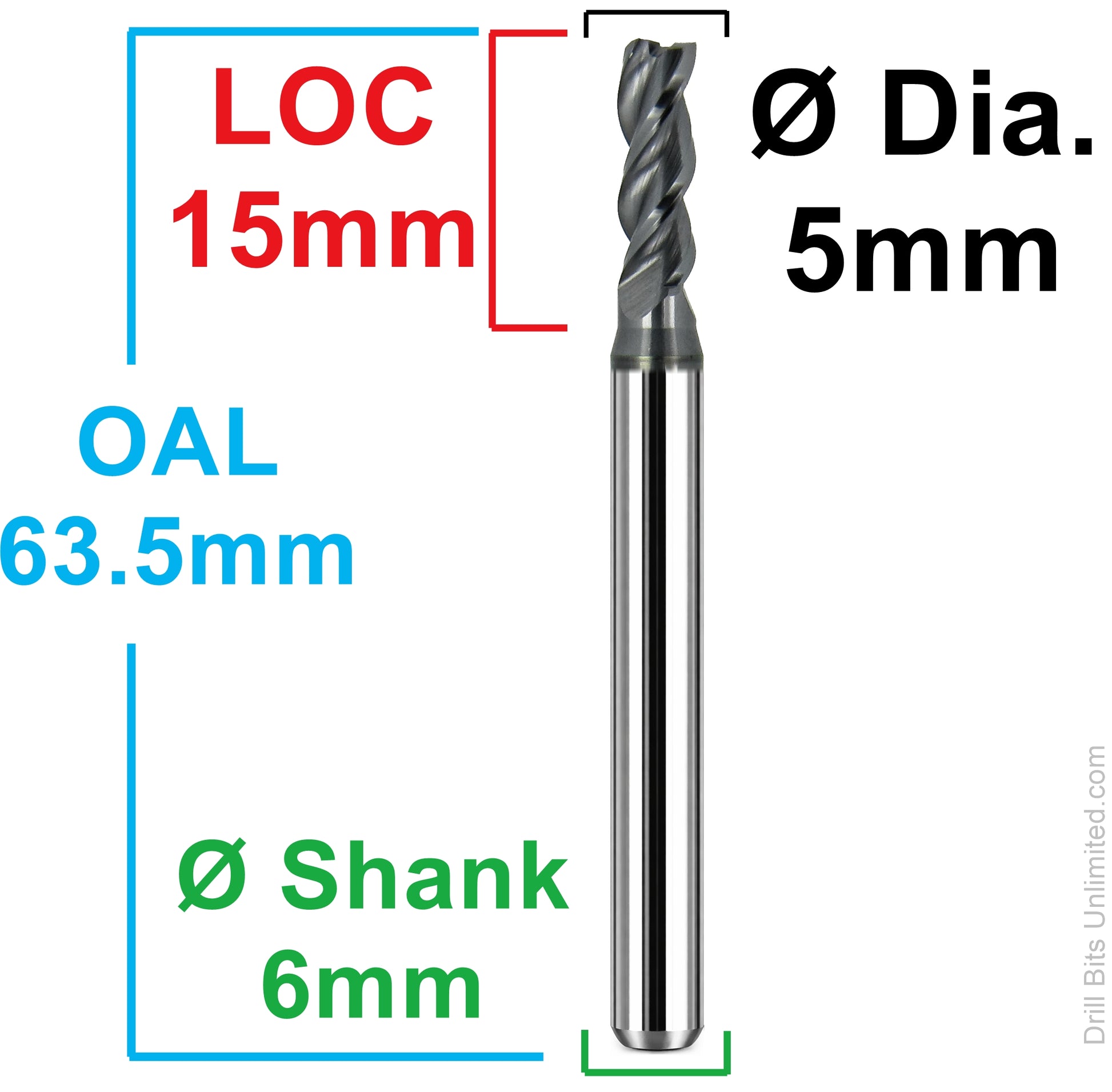 Kyocera TITAN-AXM 5.00mm square end mill dimensional diagram showing 15mm LOC 63.5mm overall length and 6mm shank