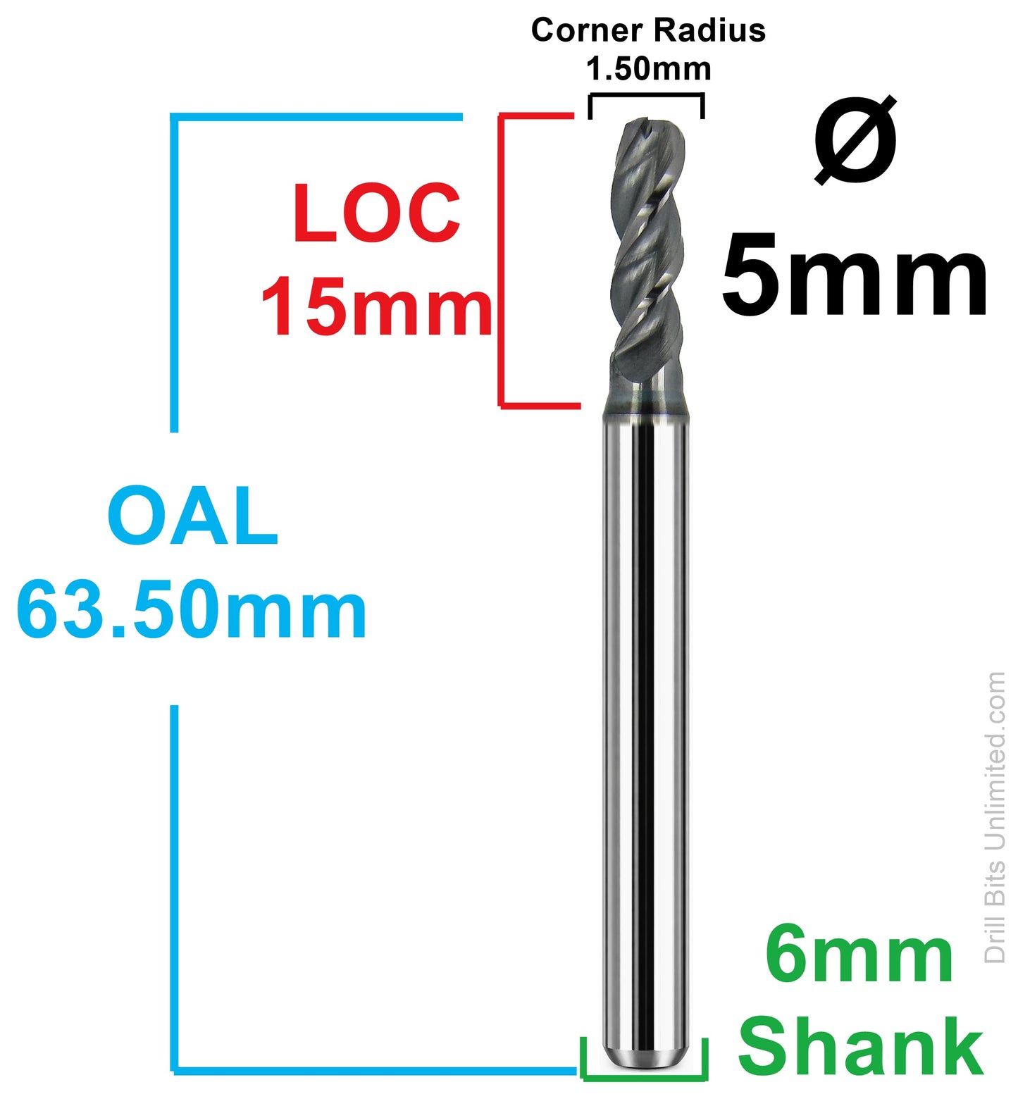 dimension diagram showing 5mm diameter, 15mm LOC, 63.5mm overall length and 6mm shank with 1.5mm corner radius Kyocera TITAN-AX end mill T1969O591CR5