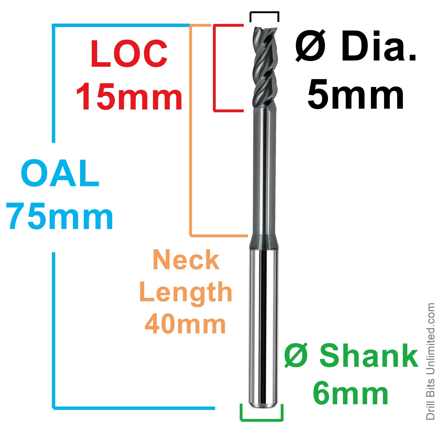 Kyocera 5mm extended reach square end mill dimensional diagram showing 15mm LOC 40mm neck length 75mm OAL and 6mm shank
