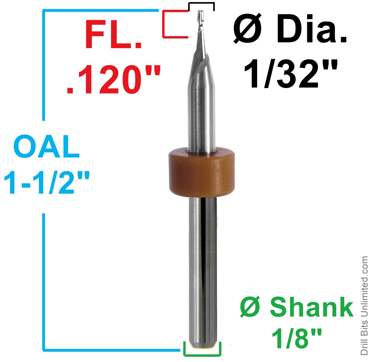 Dimension chart for 0.0313 inch 1/32 two flute carbide end mill with .120 LOC and 1/8 shank