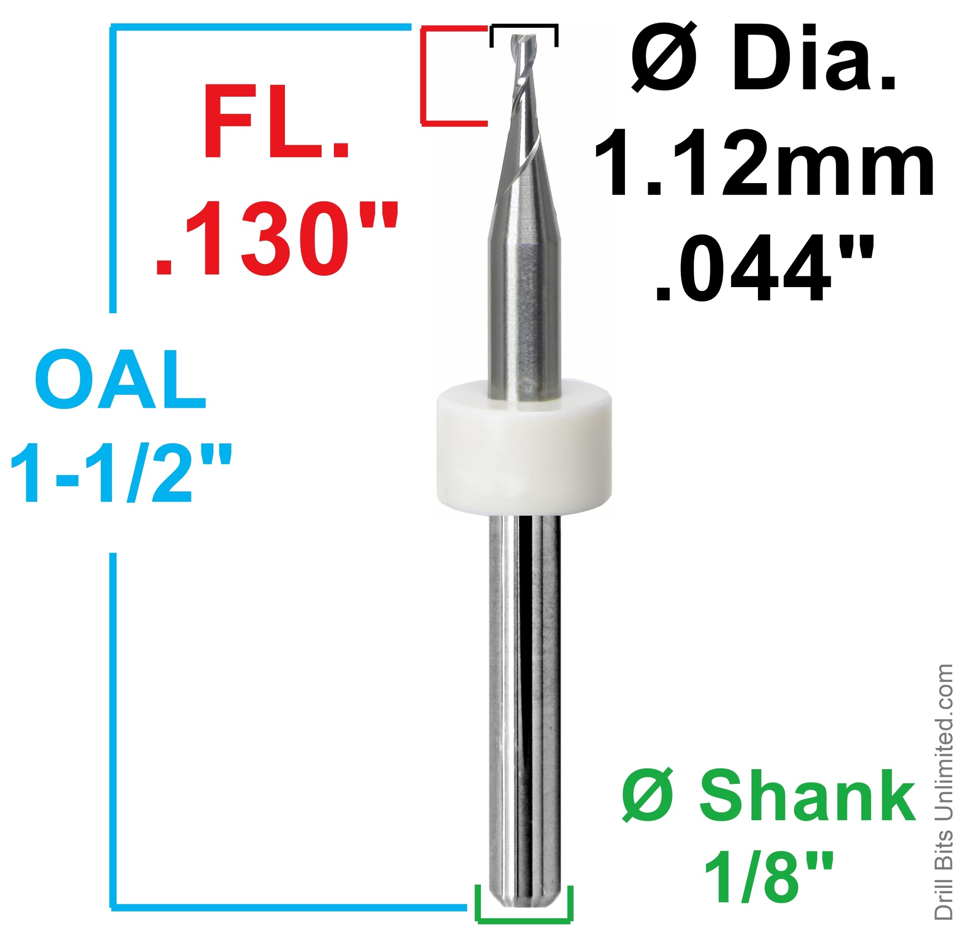 Dimension chart for 0.044 inch 1.12mm two flute carbide end mill with .130 LOC and 1/8 shank