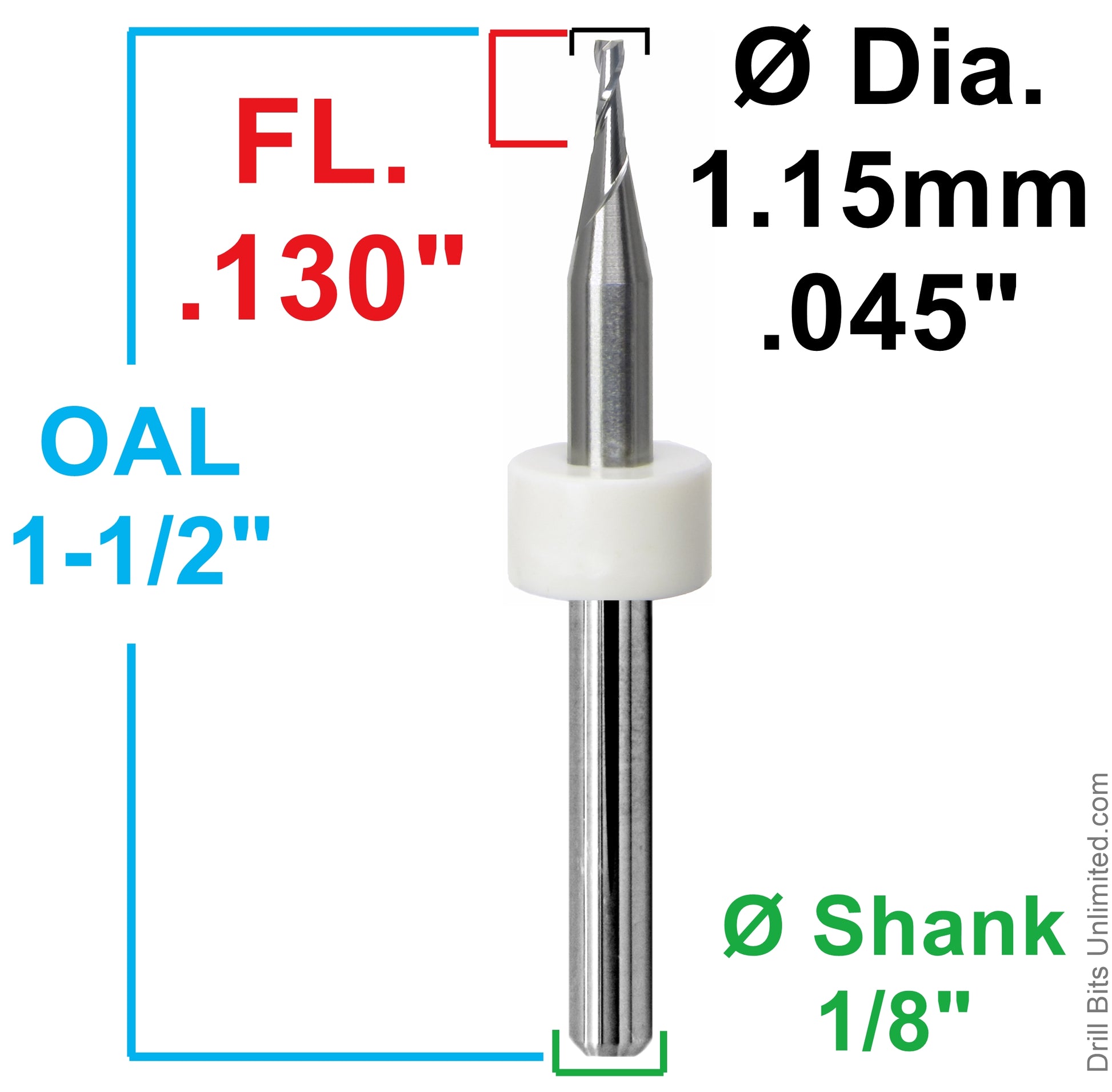 Specification chart for 0.045 inch 1.15mm two flute carbide end mill, square end, up cut, .130 LOC, 1/8 shank