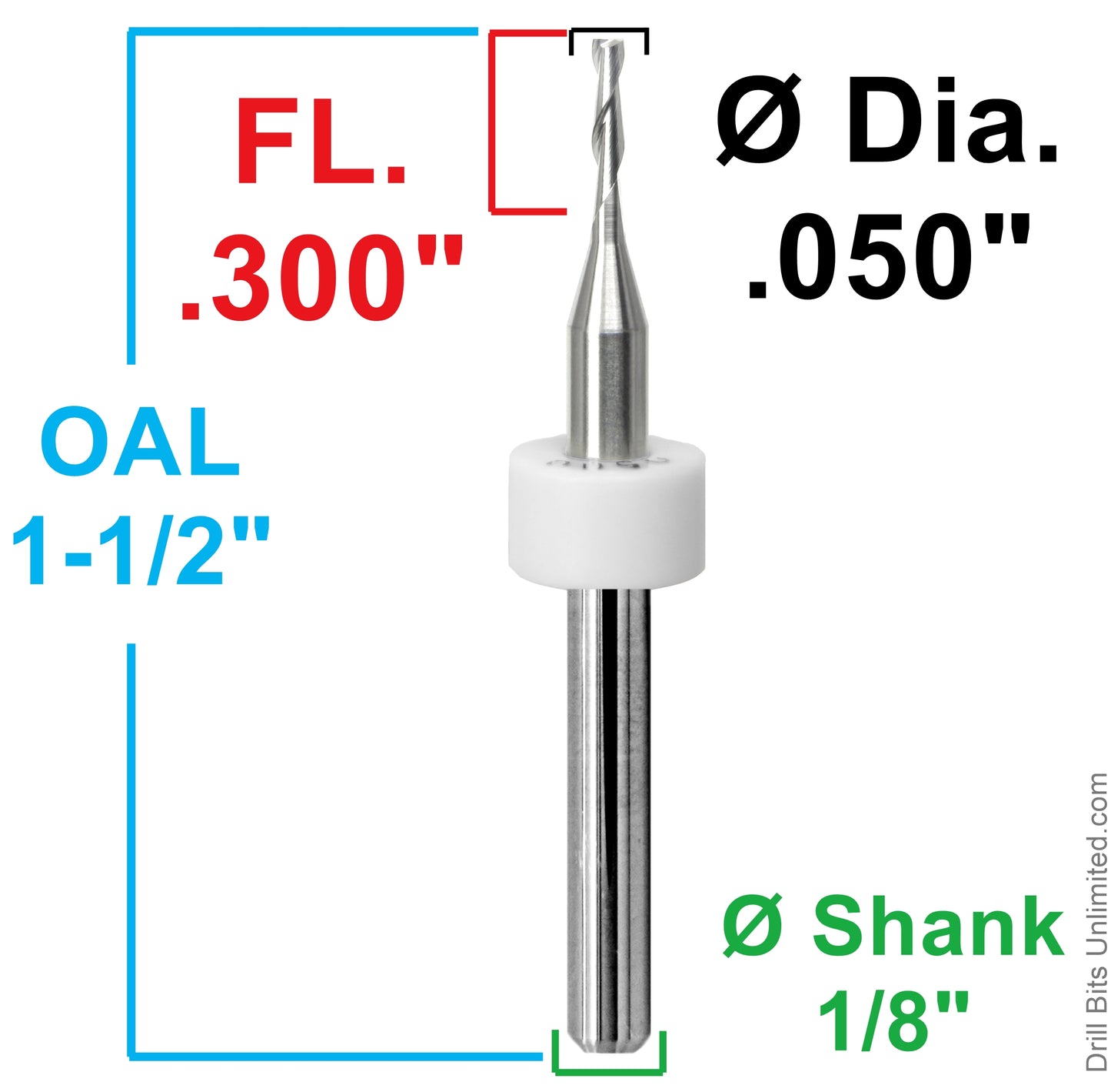 Dimension chart for 0.050 inch 1.27mm two flute carbide end mill with .300 LOC and 1/8 shank