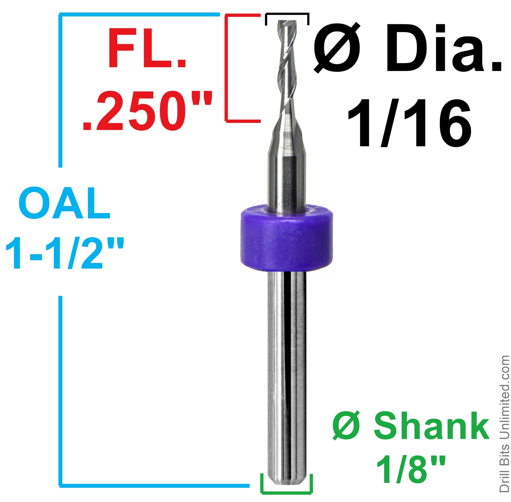 Dimension chart for 1/16 inch 1.60mm two flute carbide end mill with .250 LOC and 1/8 shank