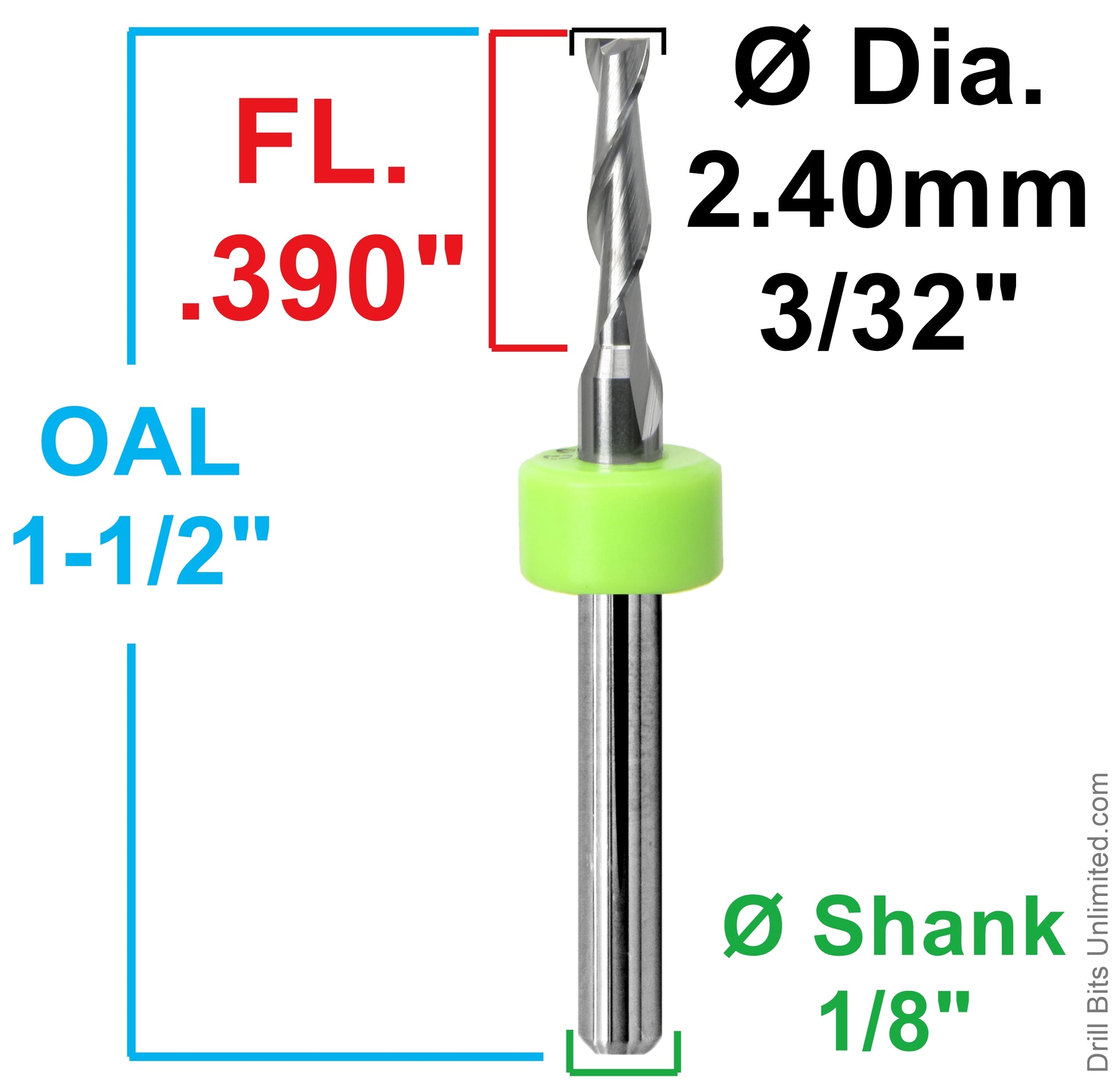 Dimension chart for 3/32 inch 2.40mm two flute carbide end mill with .390 LOC and 1/8 shank