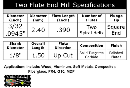 Specification chart for UMT116 3/32 inch two flute carbide end mill with .390 LOC, 1/8 shank, up cut, and polished flutes