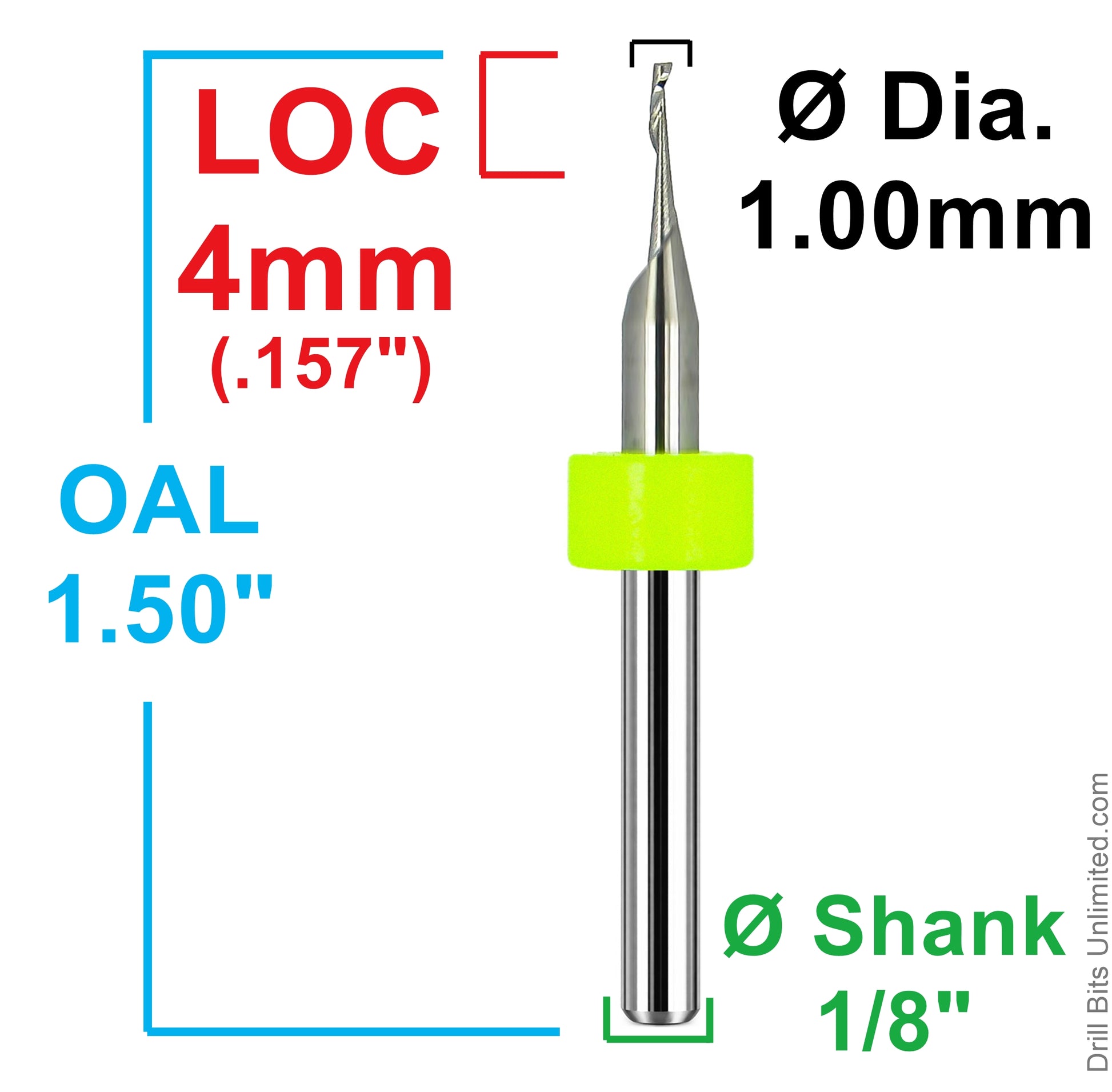 Dimensional drawing of lightly used 1.00mm single-flute carbide end mill showing 4mm (.157 inch) flute length, 1.50 inch OAL, and 1/8 inch shank