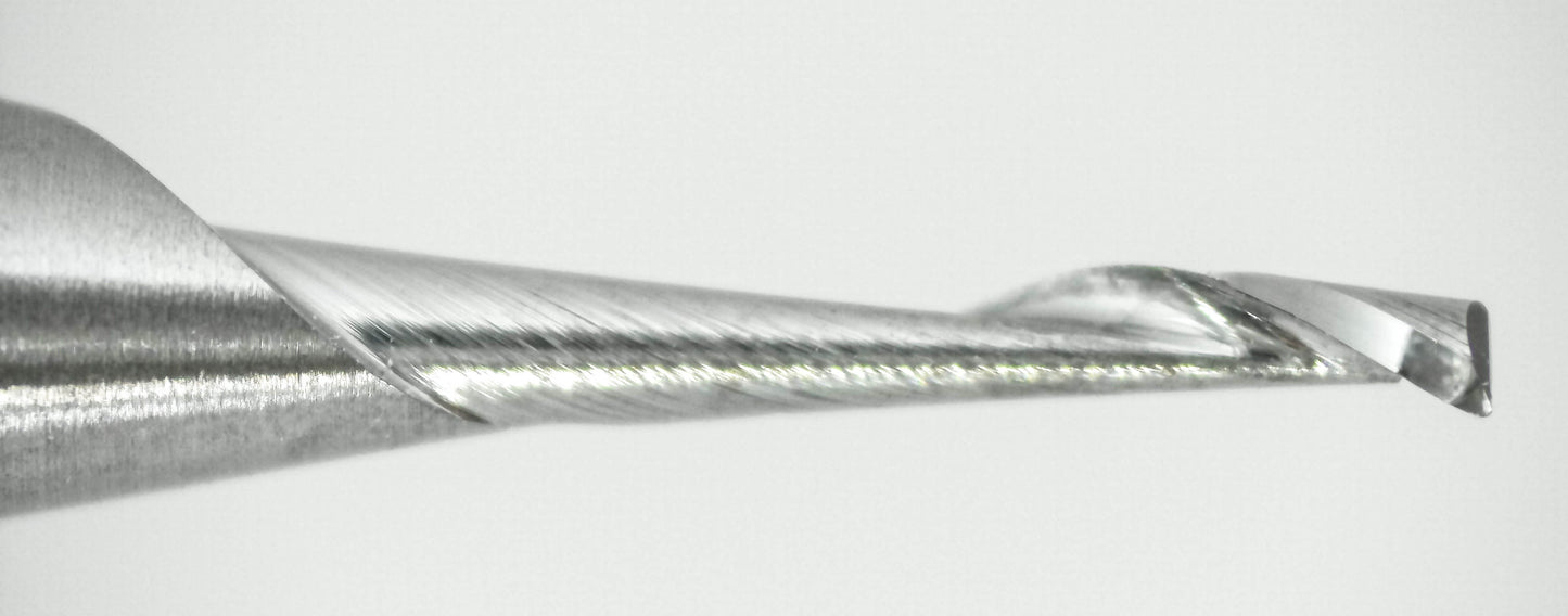 Close-up of cutting end on lightly used 1.00mm single-flute carbide end mill