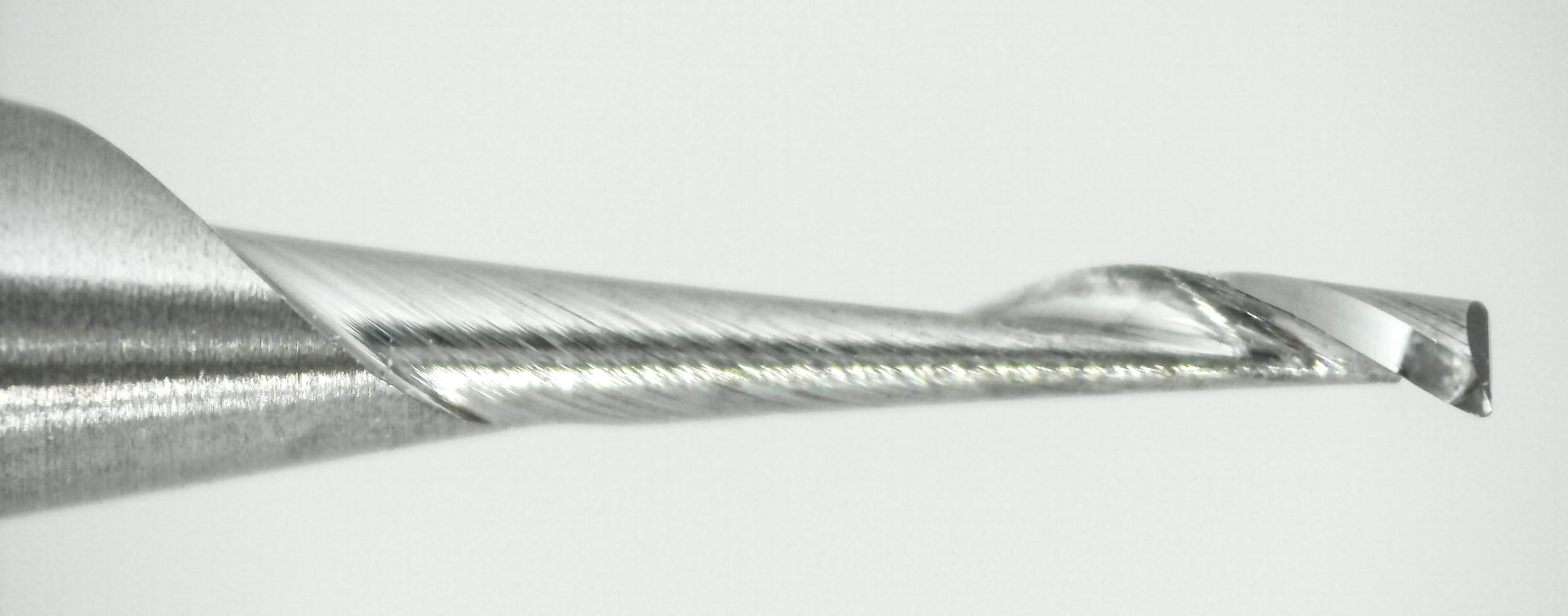 Close-up of cutting end on lightly used 1.00mm single-flute carbide end mill