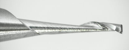 Close-up of cutting end on lightly used 1.00mm single-flute carbide end mill