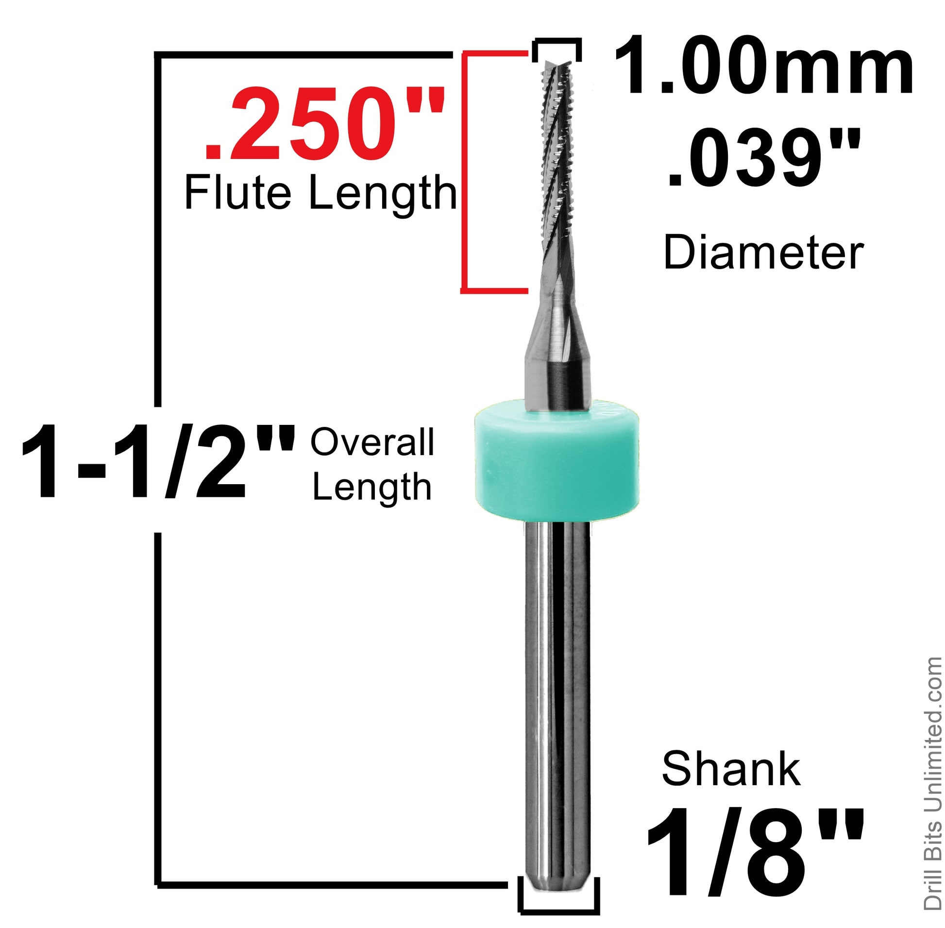 Dimension chart for 0.039 inch 1.00mm chip breaker carbide router with .250 LOC and 1/8 shank