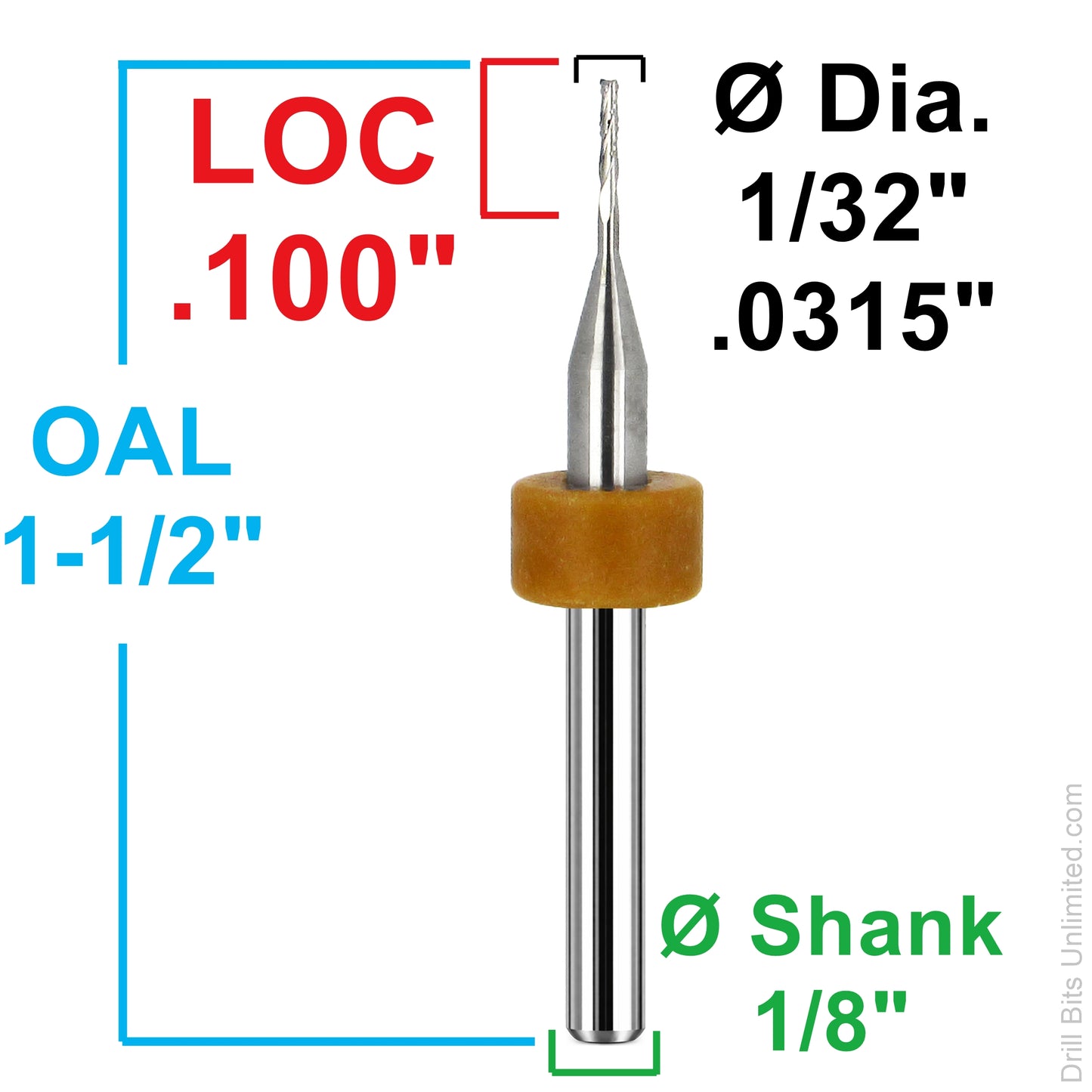 Dimension chart for 0.0315 inch 1/32 chip breaker carbide router with .100 LOC and 1/8 shank