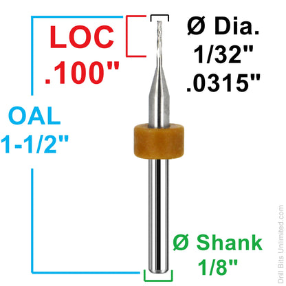 Dimension chart for 0.0315 inch 1/32 chip breaker carbide router with .100 LOC and 1/8 shank