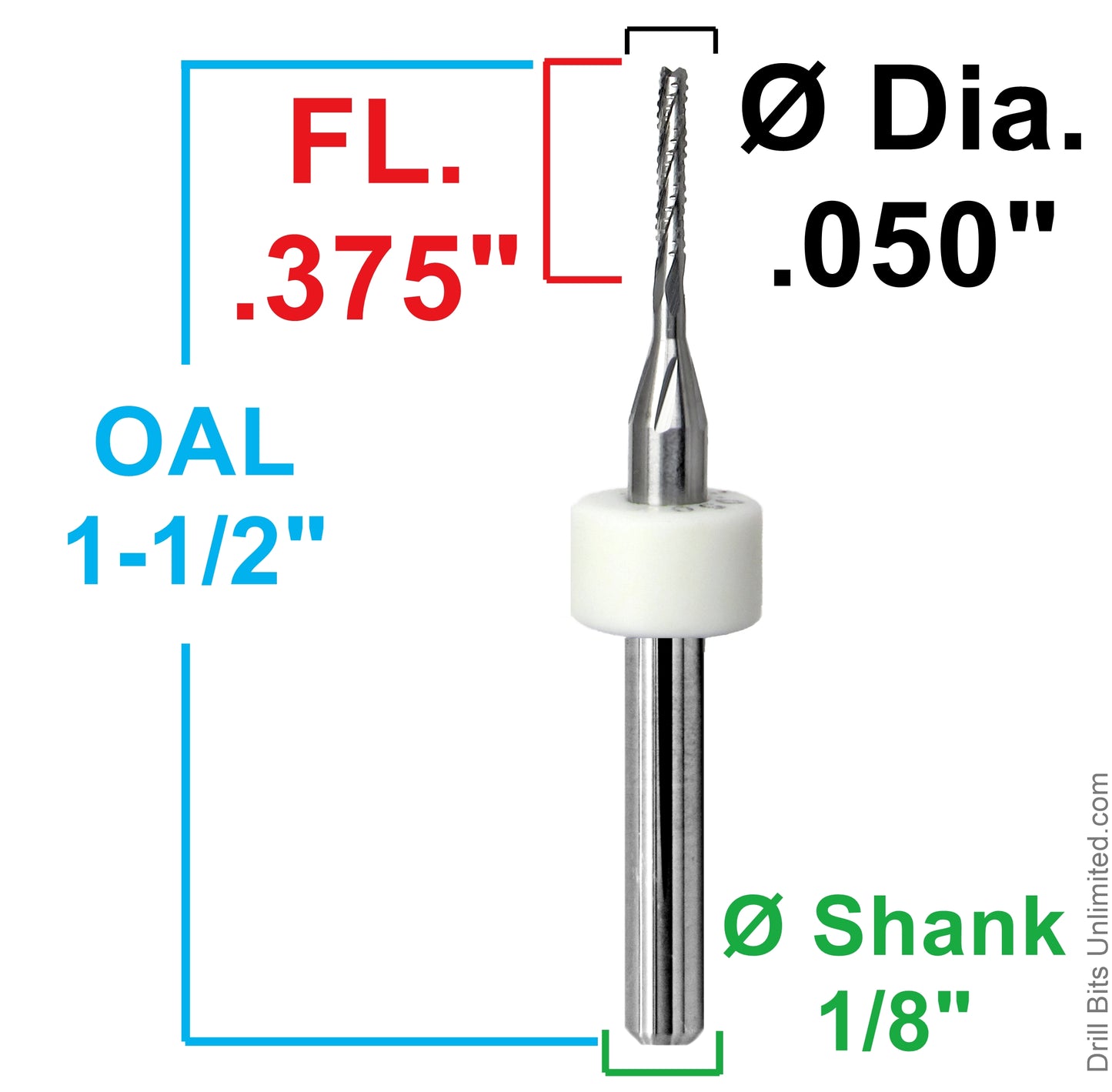 Dimension chart for 0.050 inch 1.27mm chip breaker carbide router with .375 LOC and 1/8 shank
