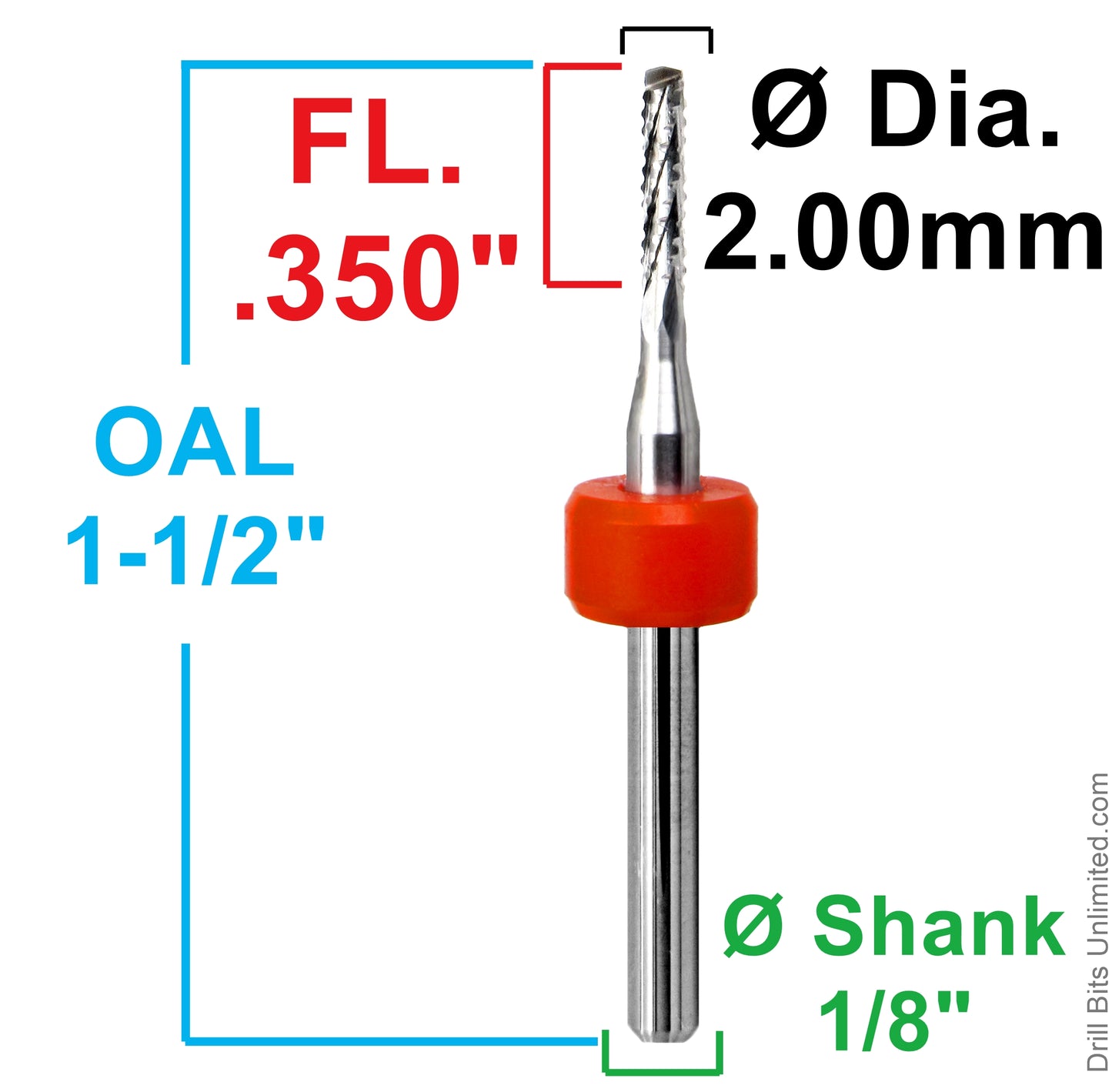 Dimension chart for 0.0787 inch 2.00mm chip breaker carbide router with .350 LOC and 1/8 shank