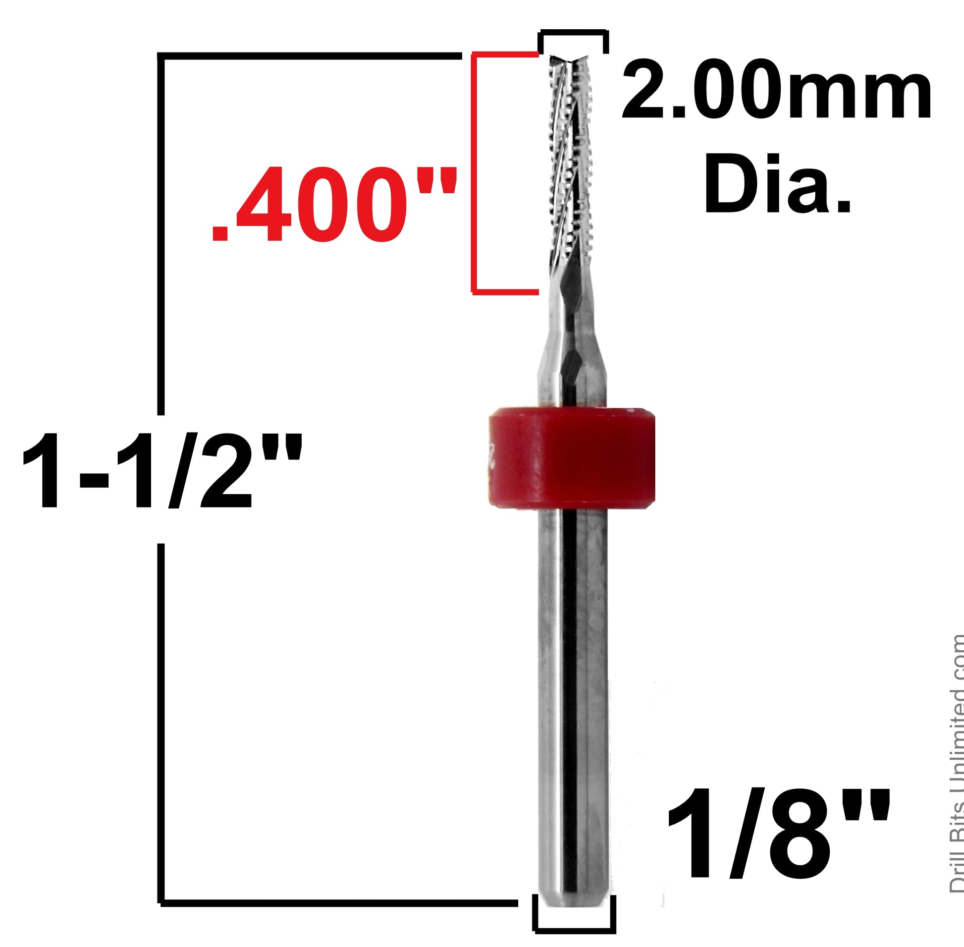 Dimension chart for 0.079 inch 2.00mm chip breaker carbide router with .400 LOC and 1/8 shank