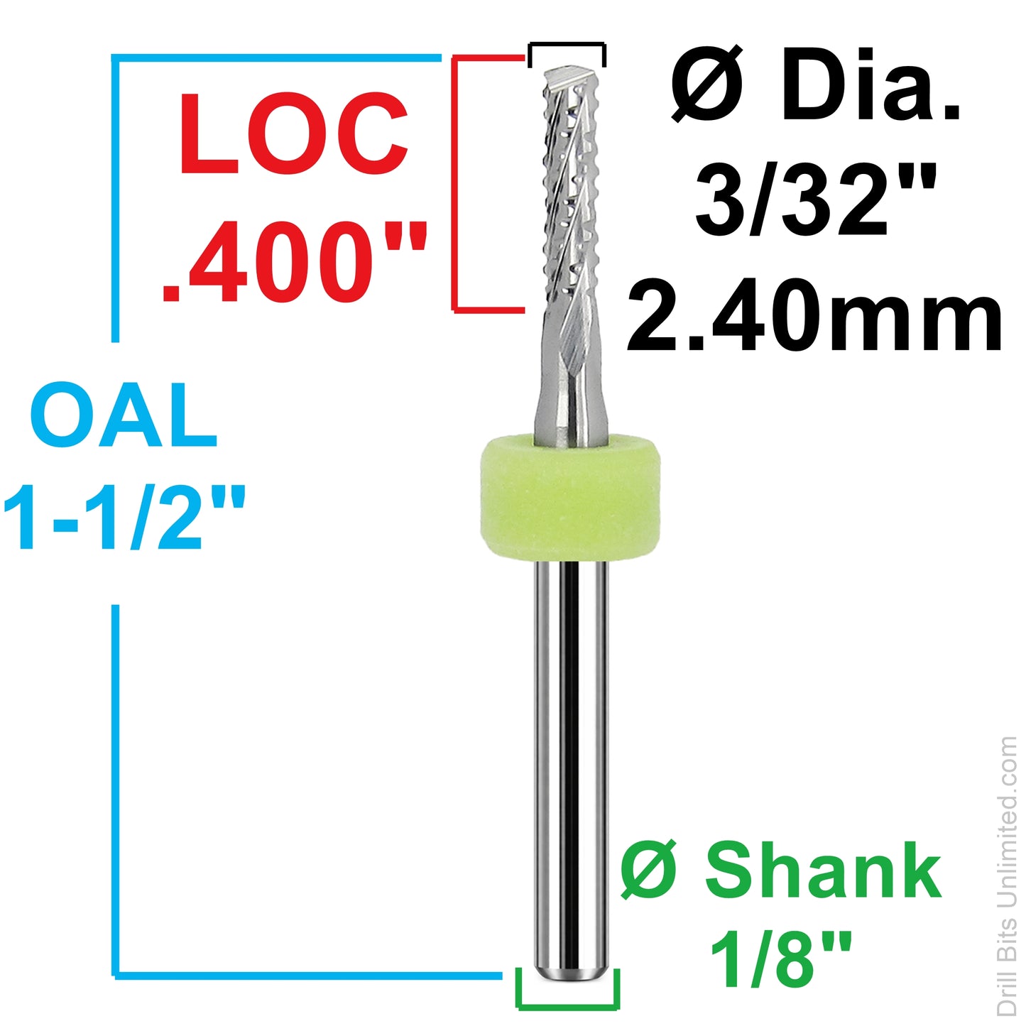Dimension chart for 0.09375 inch 3/32 chip breaker carbide router with .400 LOC and 1/8 shank