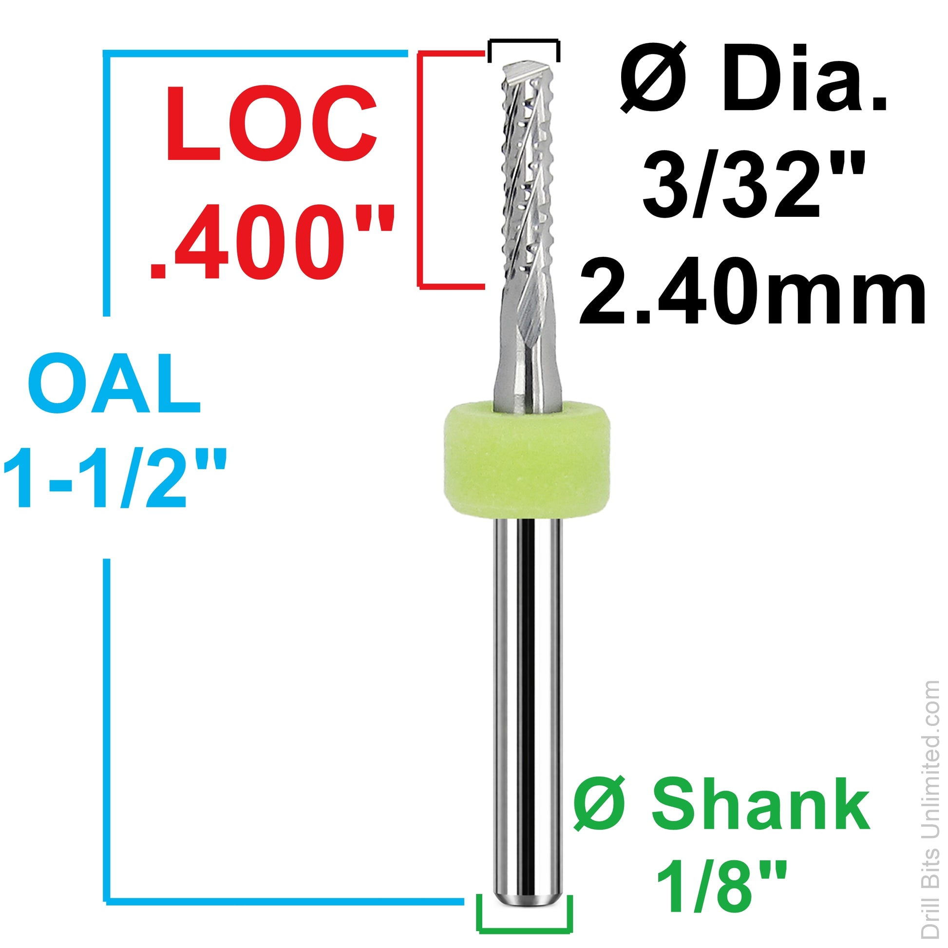 Dimension chart for 0.09375 inch 3/32 chip breaker carbide router with .400 LOC and 1/8 shank