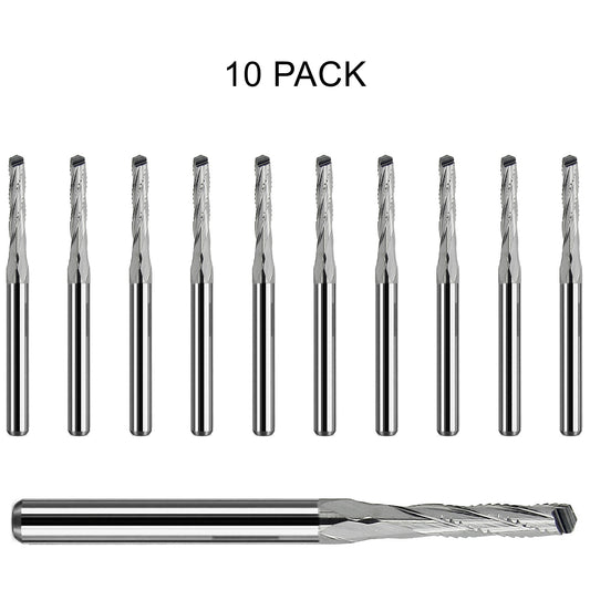 10 pack of lightly used Kyocera 0.09375 inch 3/32 chip breaker carbide routers with drill point tips and no depth rings