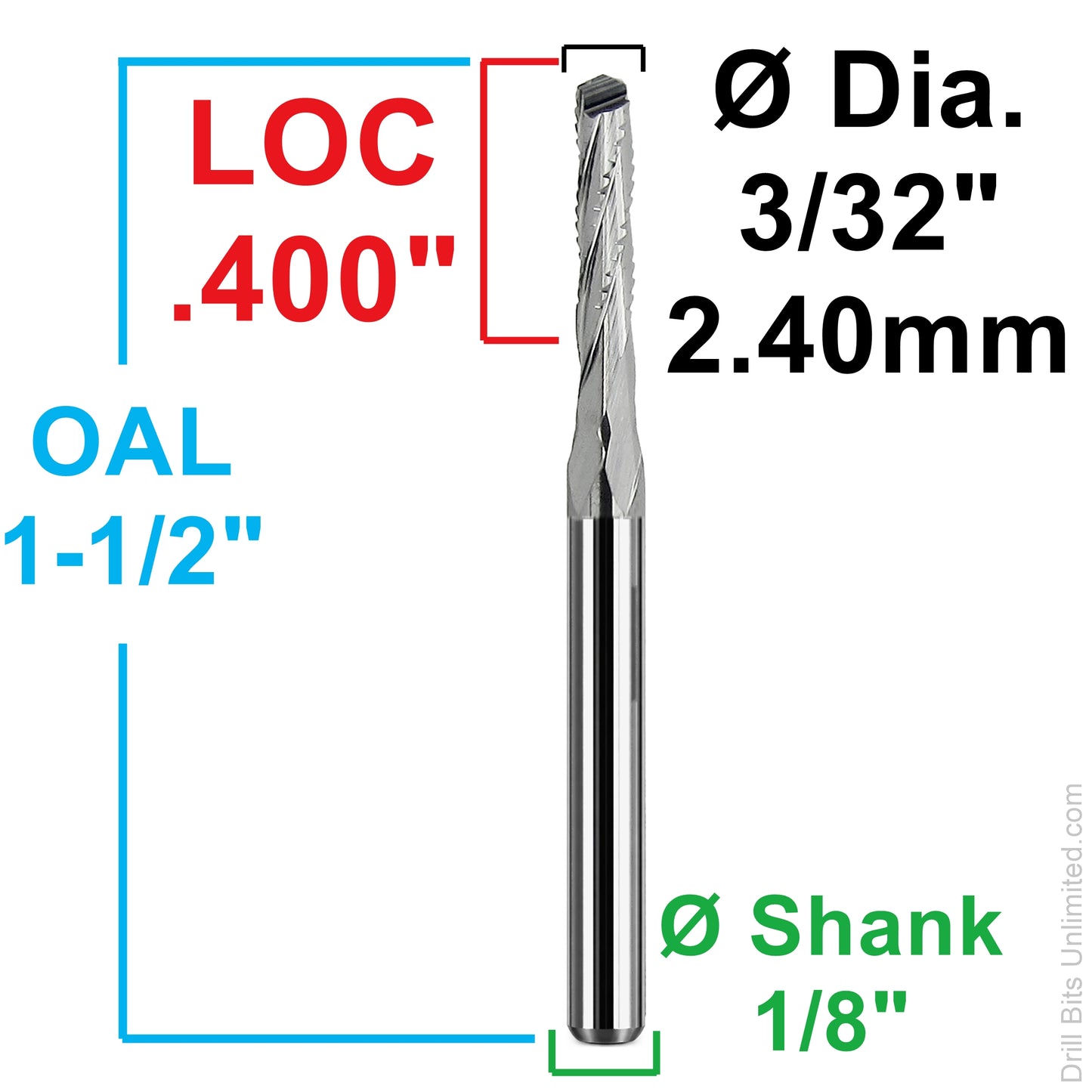 Dimension chart for 0.09375 inch 3/32 chip breaker carbide router with .400 LOC and 1/8 shank