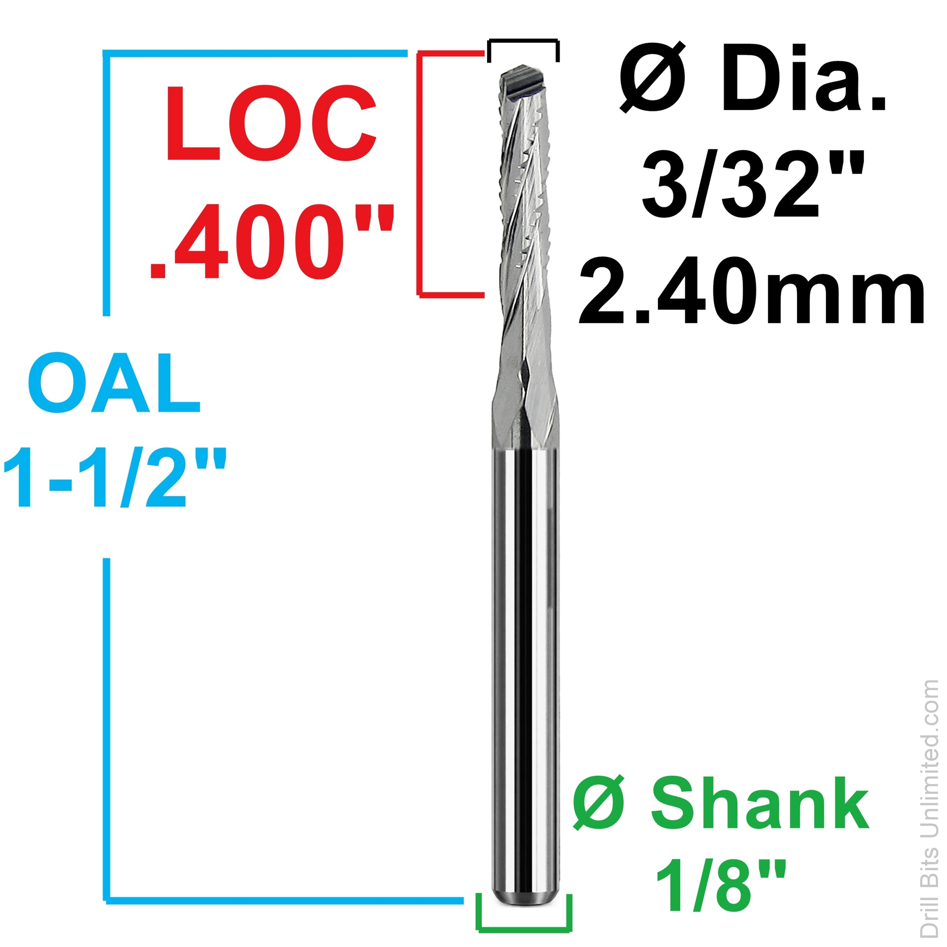 Dimension chart for 0.09375 inch 3/32 chip breaker carbide router with .400 LOC and 1/8 shank