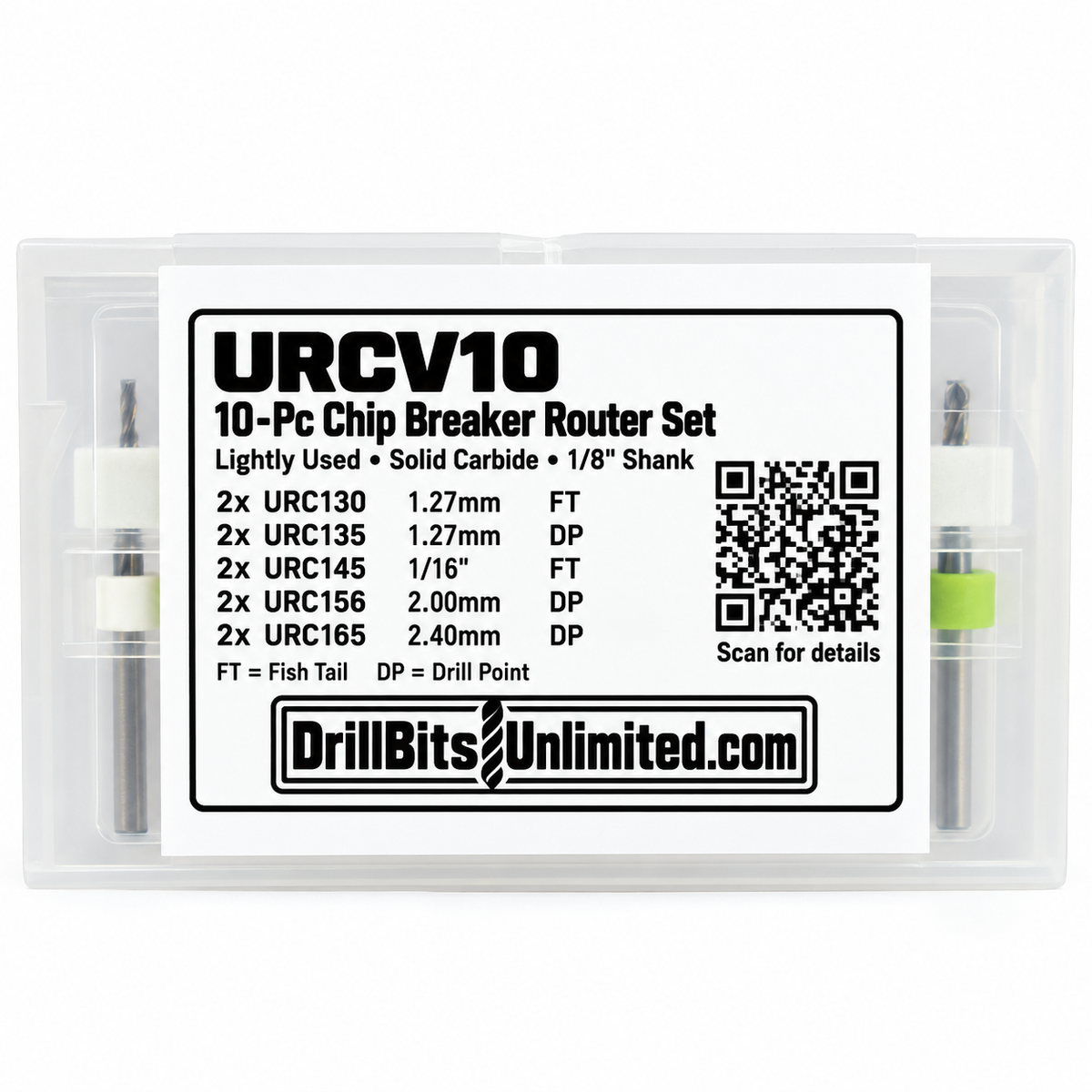 10-Piece Lightly Used Carbide Chip Breaker PCB Router Set – .0500" to .0945" – Fish Tail & Drill Point – URCV10