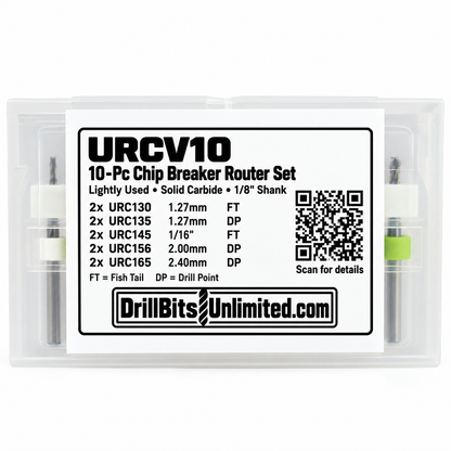 10-Piece Lightly Used Carbide Chip Breaker PCB Router Set – .0500" to .0945" – Fish Tail & Drill Point – URCV10