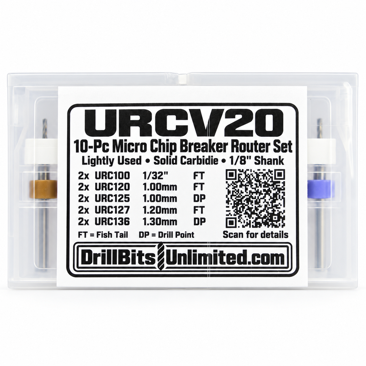 10-Piece Lightly Used Micro Chip Breaker Carbide PCB Router Set – .0315" to .0512" – Fish Tail & Drill Point – URCV20