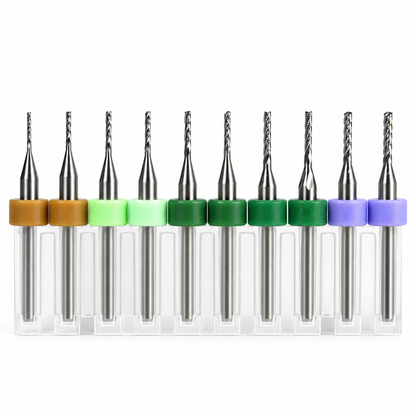 10-Piece Lightly Used Micro Chip Breaker Carbide PCB Router Set – .0315" to .0512" – Fish Tail & Drill Point – URCV20