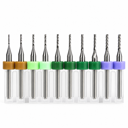 10-Piece Lightly Used Micro Chip Breaker Carbide PCB Router Set – .0315" to .0512" – Fish Tail & Drill Point – URCV20