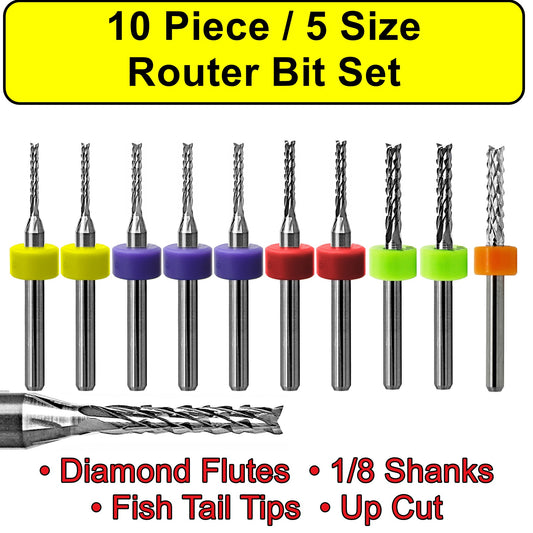10 Piece / 5 Size Router Bit Set - Diamond Flutes - .050" to .125"  Up Cut Fish Tail URDV100