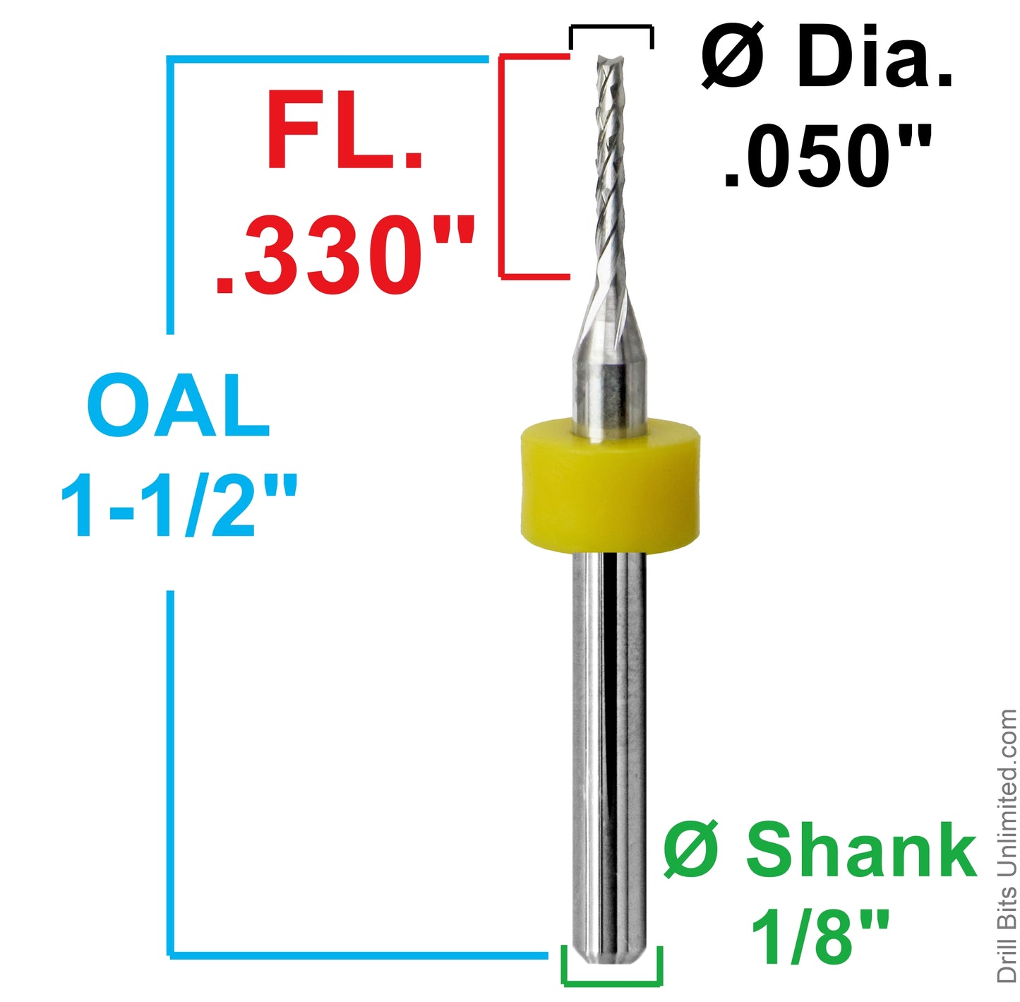 Dimension chart for 0.050 inch 1.25mm diamond flute carbide router with .330 LOC and 1/8 shank
