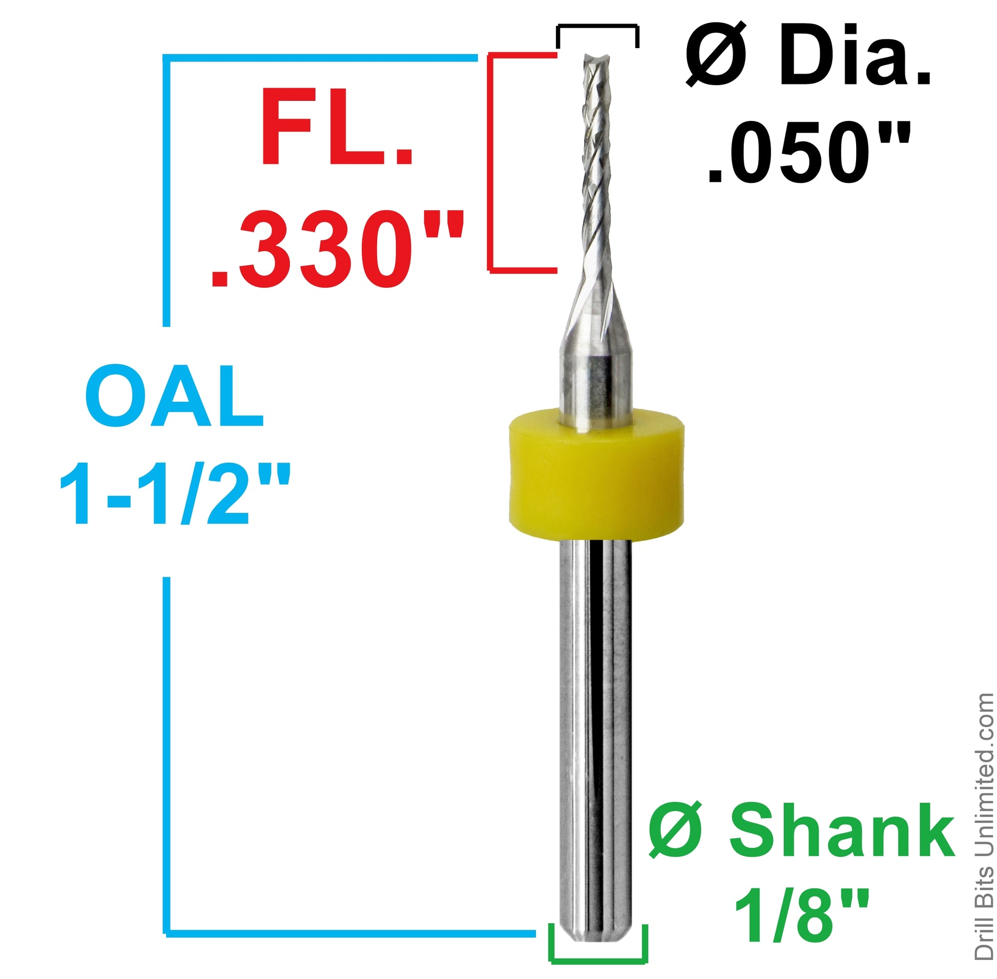 Dimension chart for 0.050 inch 1.25mm diamond flute carbide router with .330 LOC and 1/8 shank