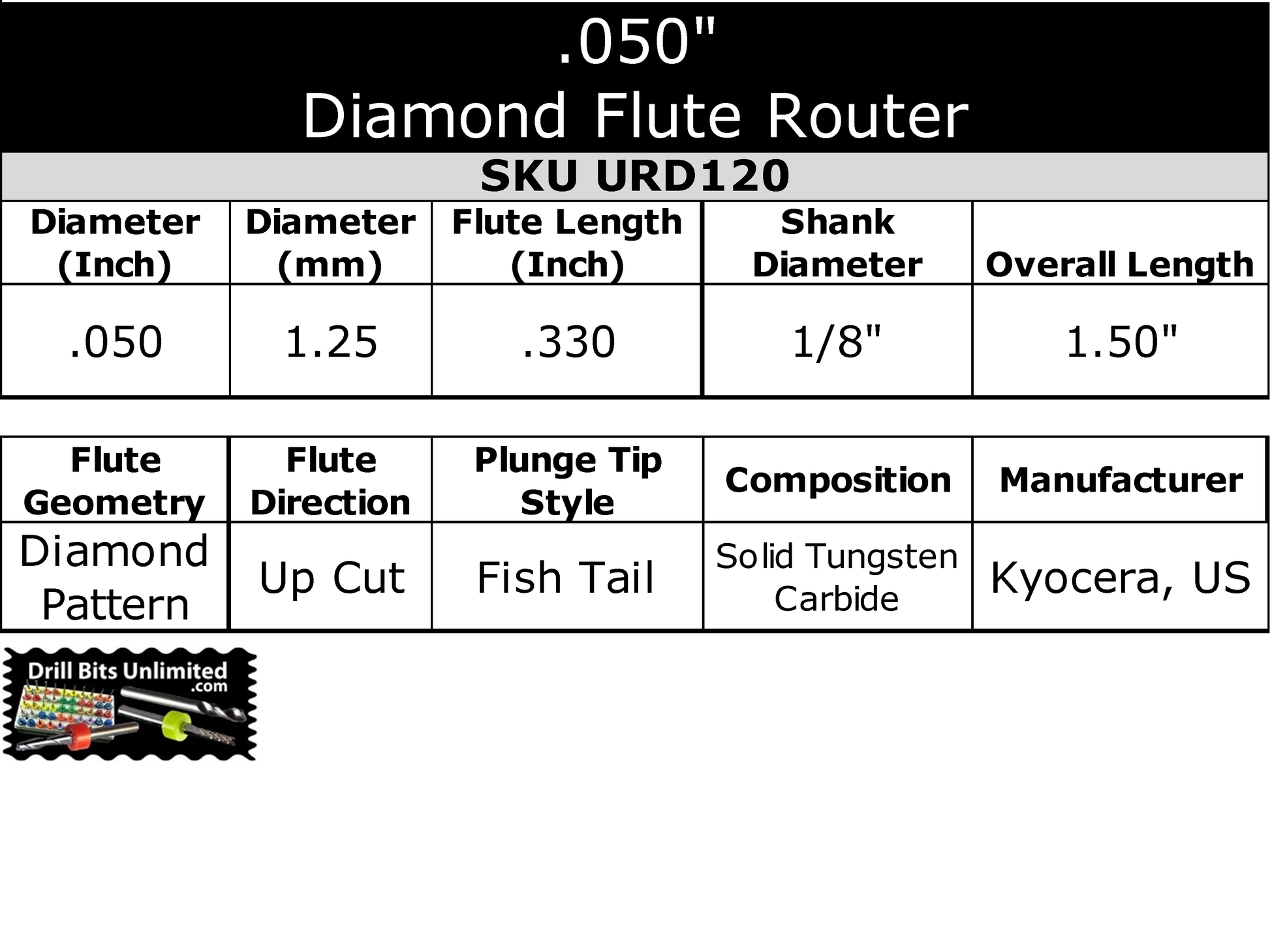 Specification chart for 0.050 inch 1.25mm diamond flute router, fish tail, up cut, .330 LOC, 1/8 shank