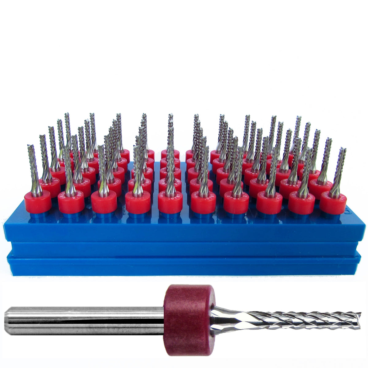 50 piece set of lightly used 2.00mm diamond flute carbide router bits with fish tail tips