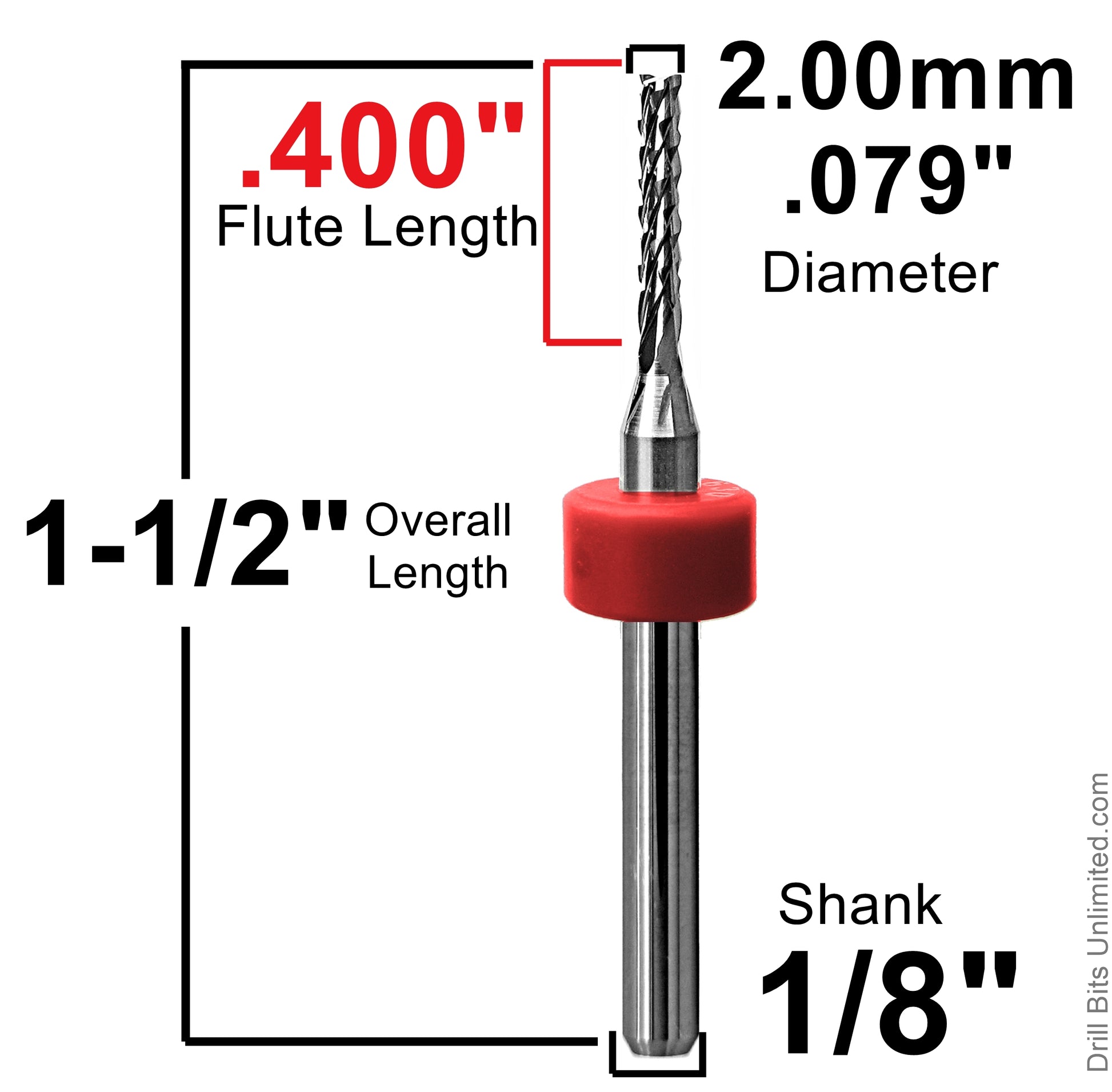 Dimension image for 2.00mm diamond flute router bit showing .400 inch LOC, 1.50 inch OAL, and 1/8 inch shank
