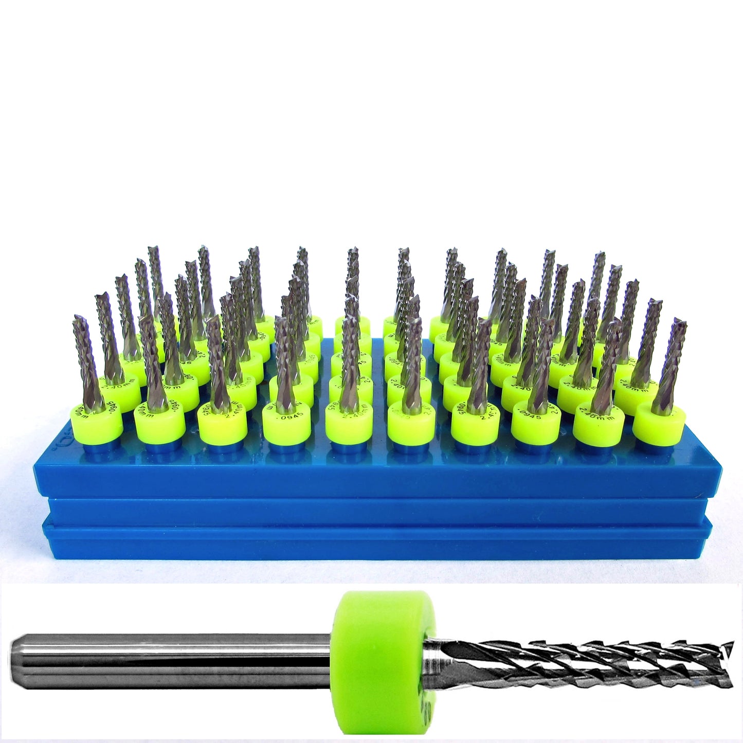 50 piece set of lightly used 3/32 inch diamond flute carbide router bits with fish tail tips