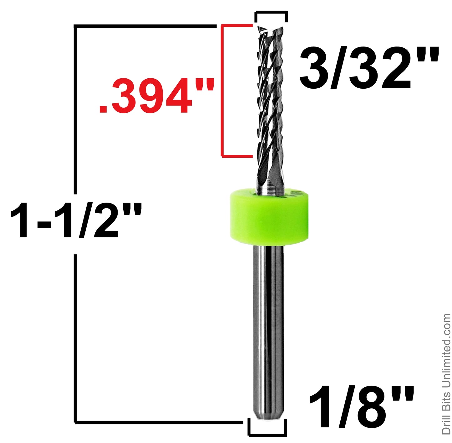 Dimension image for 3/32 inch diamond flute router bit showing .400 inch LOC, 1.50 inch OAL, and 1/8 inch shank