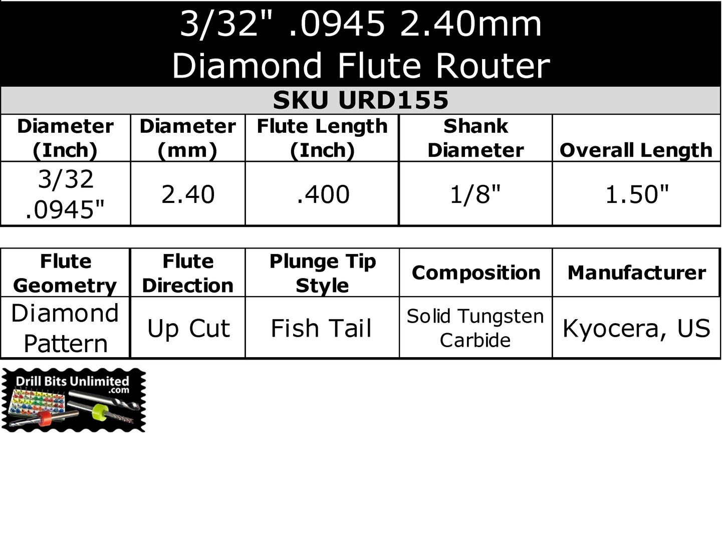Specification chart for 0.0945 inch 3/32 diamond flute router, fish tail, up cut, .400 LOC, 1/8 shank