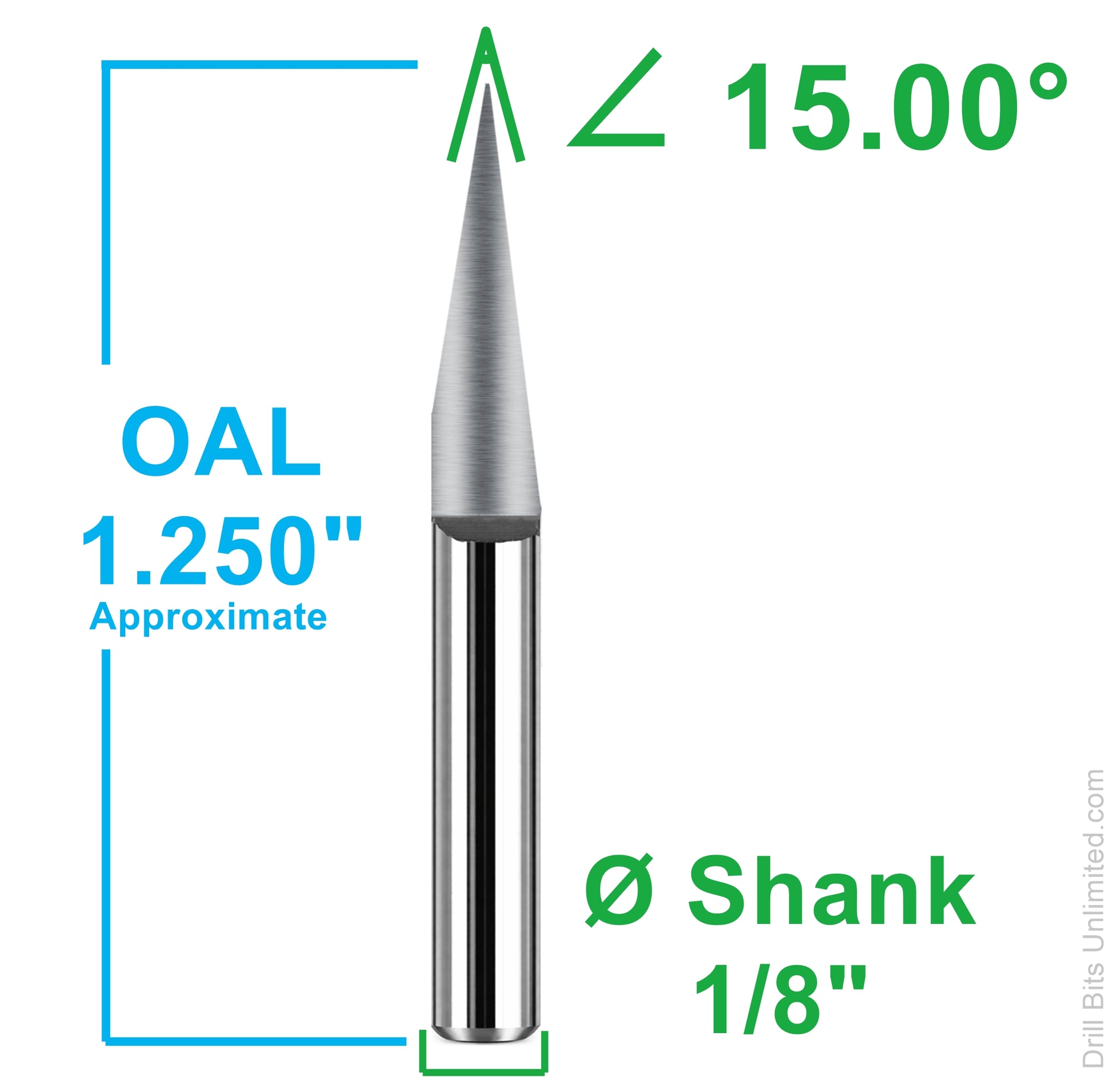 15 degree V-bit engraver dimensions showing 1.25 inch overall length and 1/8 inch shank