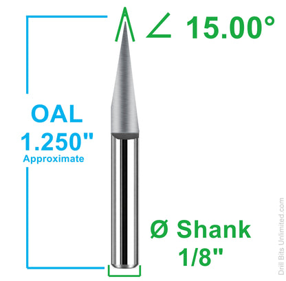 15 degree V-bit engraver dimensions showing 1.25 inch overall length and 1/8 inch shank