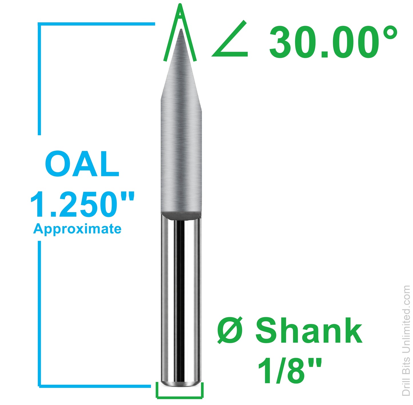 30 degree V-bit engraver dimensions showing 1.25 inch overall length and 1/8 inch shank