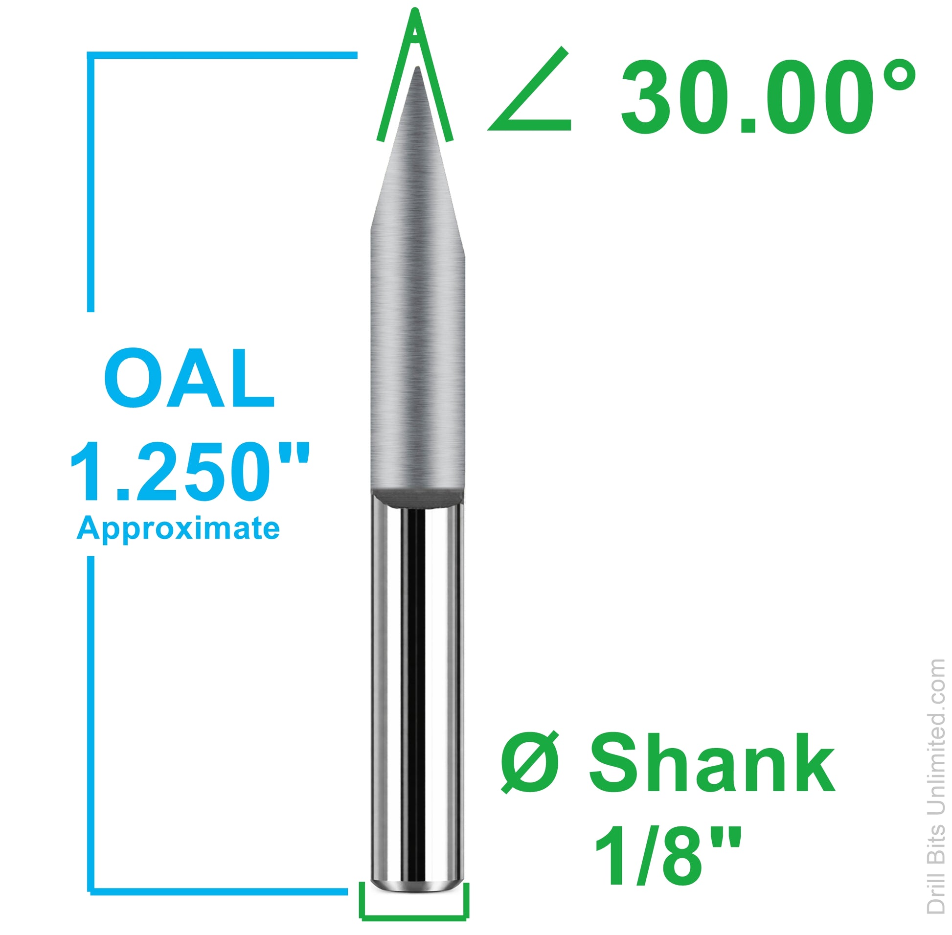 30 degree V-bit engraver dimensions showing 1.25 inch overall length and 1/8 inch shank