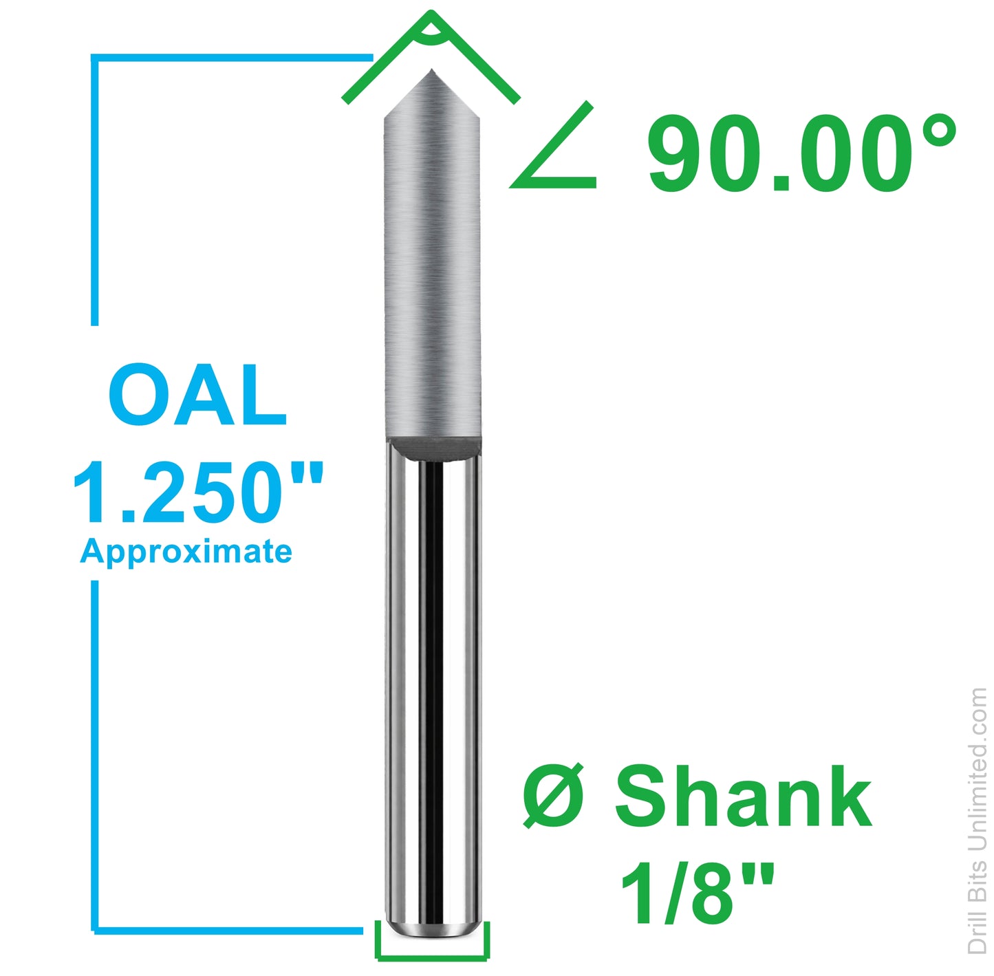 90 degree V-bit engraver dimensions showing 1.25 inch overall length and 1/8 inch shank