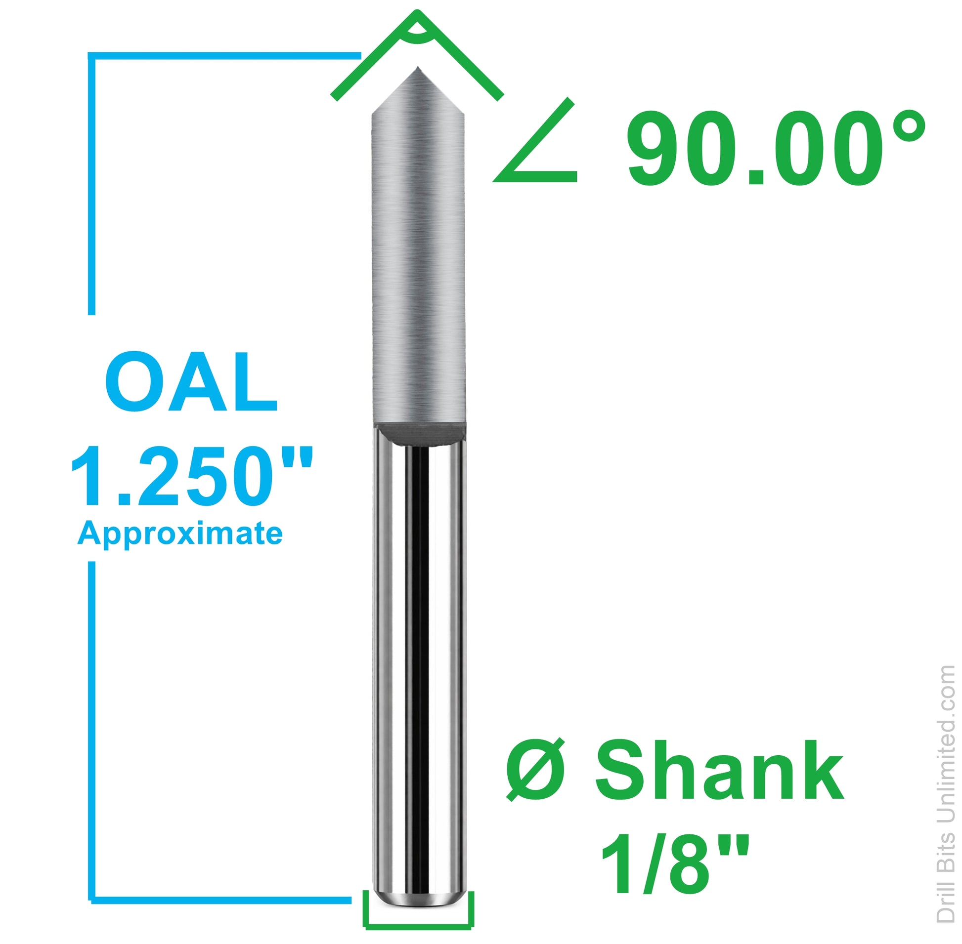 90 degree V-bit engraver dimensions showing 1.25 inch overall length and 1/8 inch shank