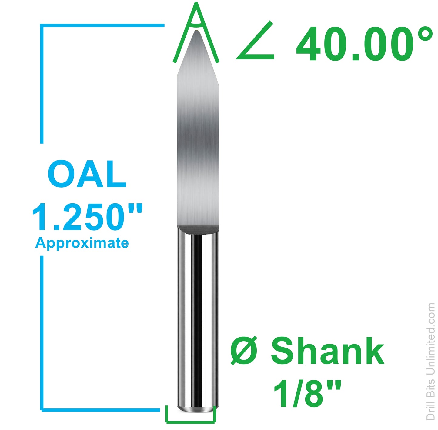 90 degree V-bit engraver dimensions showing 1.25 inch overall length and 1/8 inch shank