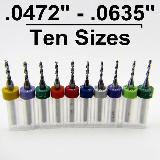 Ten-Piece Incremental Size Solid Carbide Drill Set - Sizes Range from .0472 inches to .0635 inches