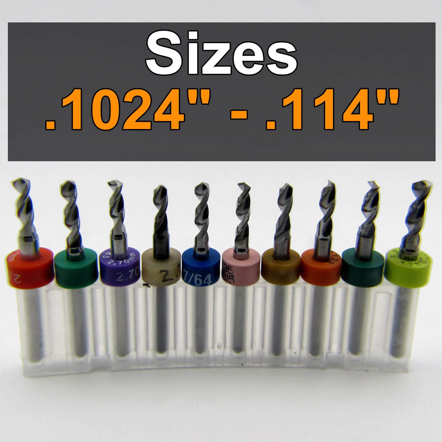 Incremental Size Solid Carbide Drill Set - Ten Pieces .1024" - .114" ID08This Incremental Size Solid Carbide Drill Set includes  .102 2.6mm .104 #37 2.65 .1065 #36 2.7 .108 2.75mm 7/64 .1094 .11 #35 2.8mm .111 #34 .112 2.85mm .113 #33 .114 2.9