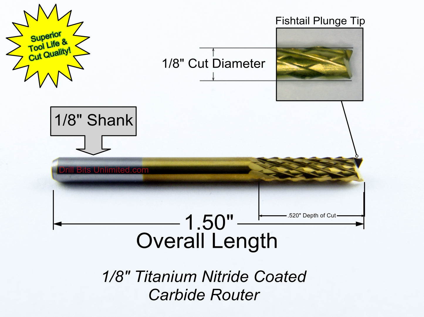 1/8" x .512" LOC - Carbide Router Diamond Flute - Titanium Coated M143